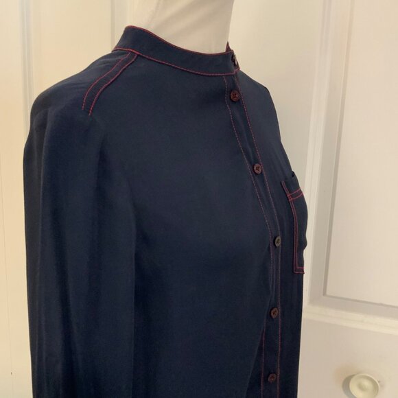 Marciano Navy Blue Red Contrast Stitch Mandarin Collar Long Sleeve Top Small - Picture 8 of 10
